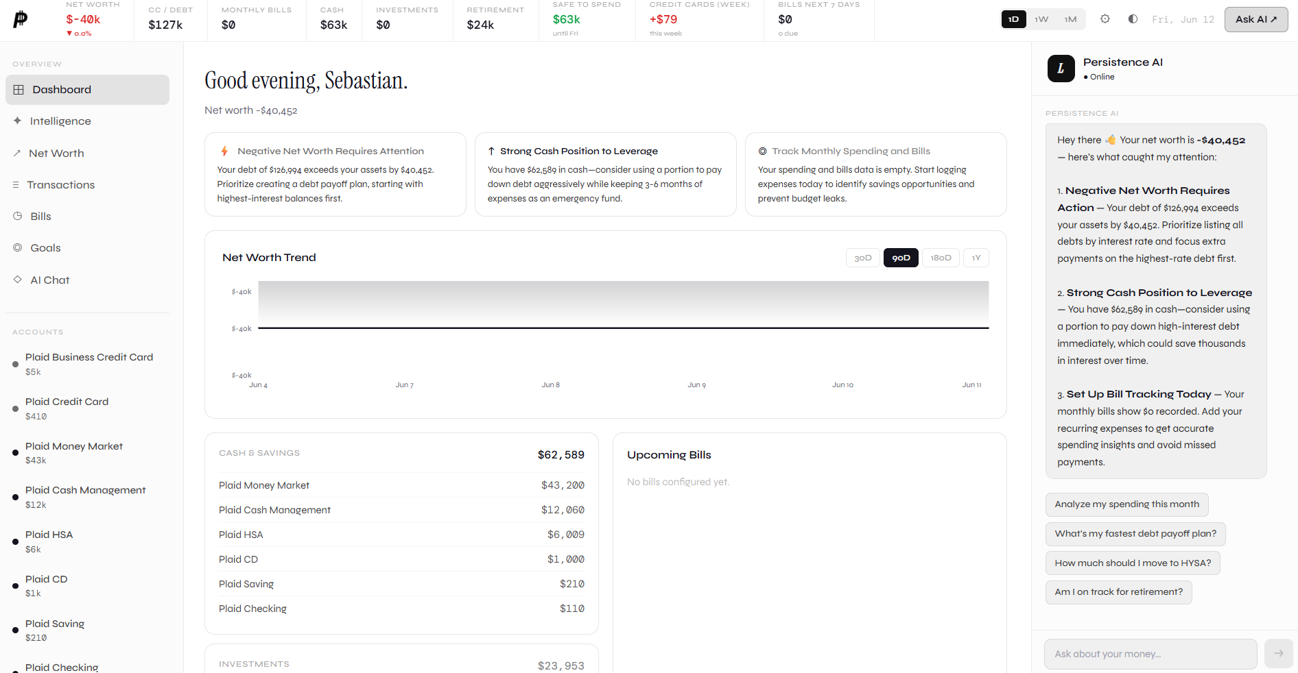 The Persistence web dashboard showing net worth, accounts, insights and the built-in AI chat