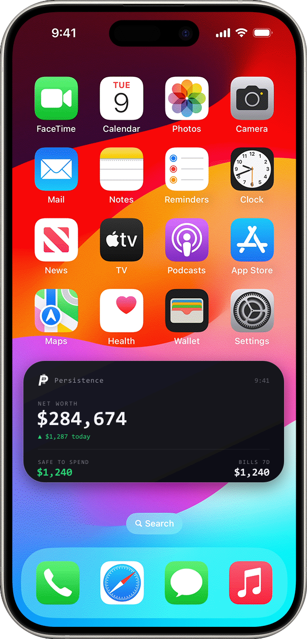 The Persistence widget on an iPhone home screen showing net worth and safe-to-spend
